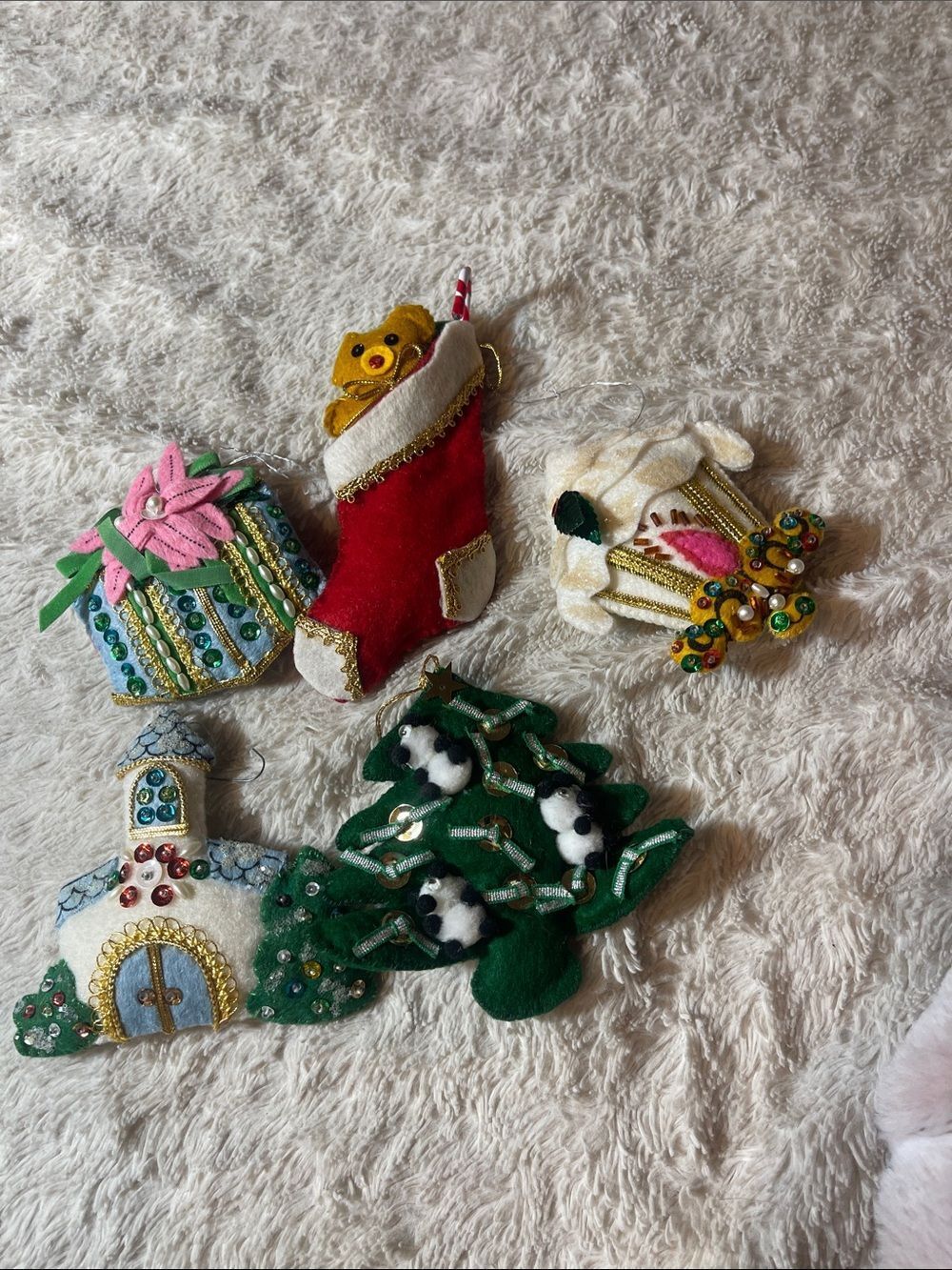 Vintage Felt Christmas Ornament Lot - Stocking, Tree, Church, Gifts